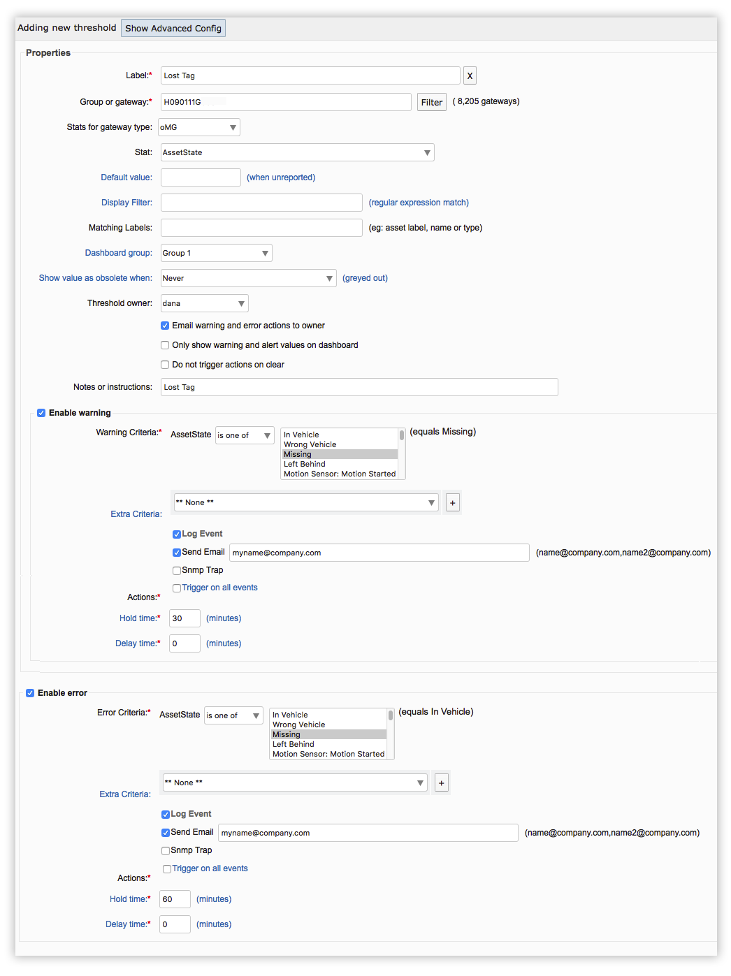Example Threshold for Lost Asset Tag