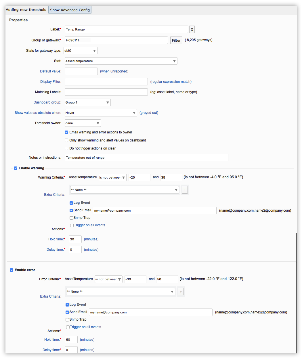 Example Threshold for Temperature Out of Range