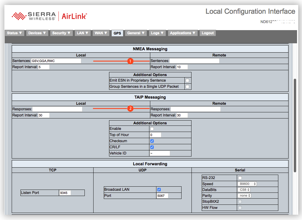 View of NMEA and TAIP Settings in the LCI