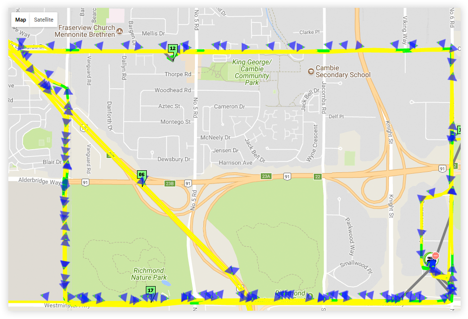 Gateway Trip Report map with Pins and Directions enabled.
