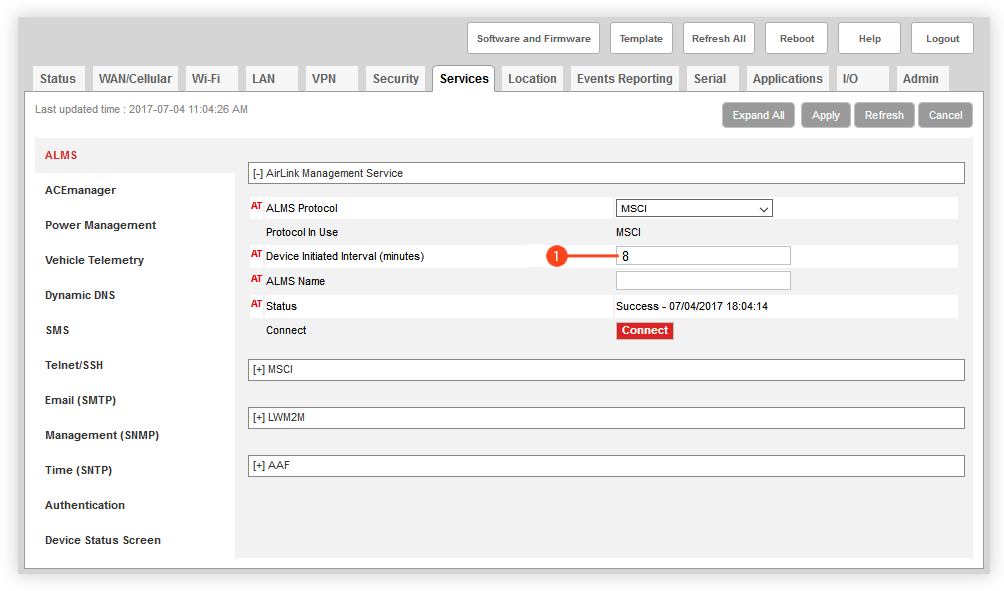 Using ACEmanager to verify that the MSCIID value was successfully updated on the ALEOS device.