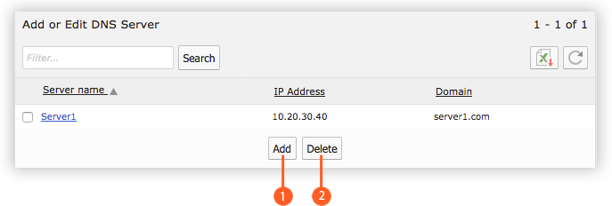 Panel Listing DNS Servers