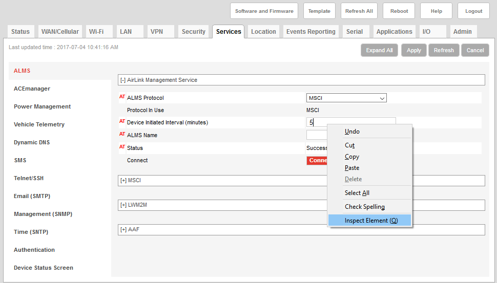 Selecting the inspection menu item for an ALEOS parameter.