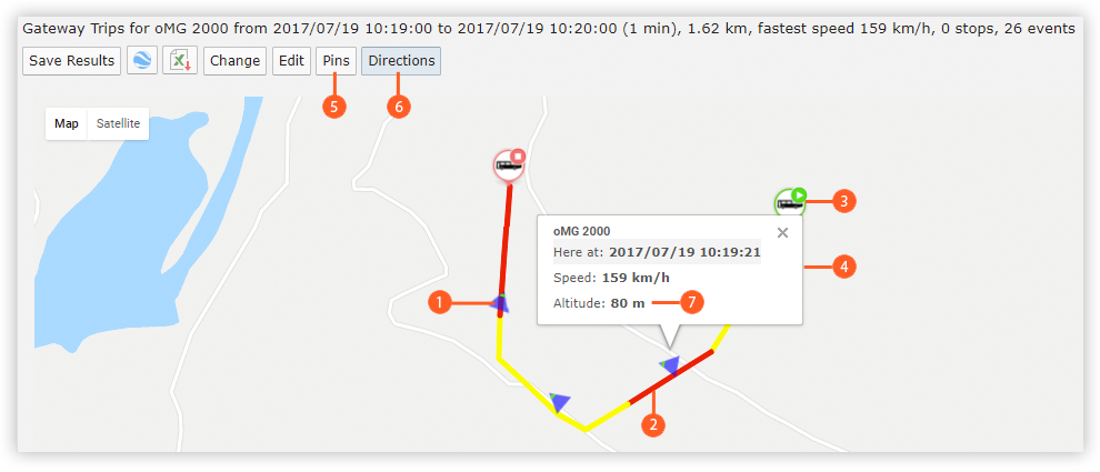Direction popup showing the speed and altitude of the gateway.
