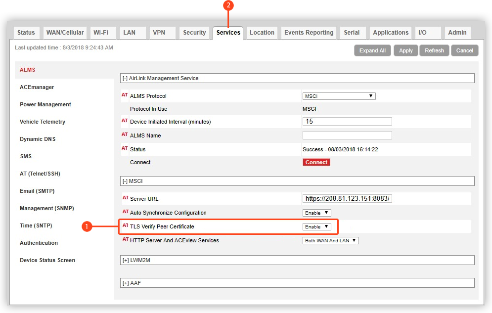 Enable TLS Verify Peer Certificate in ACEmanager to allow an ALEOS device to communicate over HTTPS.