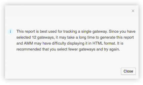 Confirmation popup that appears when 11 or more gateways are selected for the Trip Replay report.