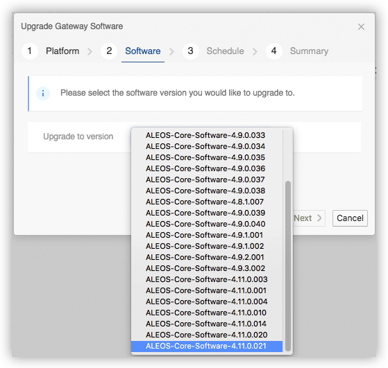 Upgrade Gateway Software Version Selection