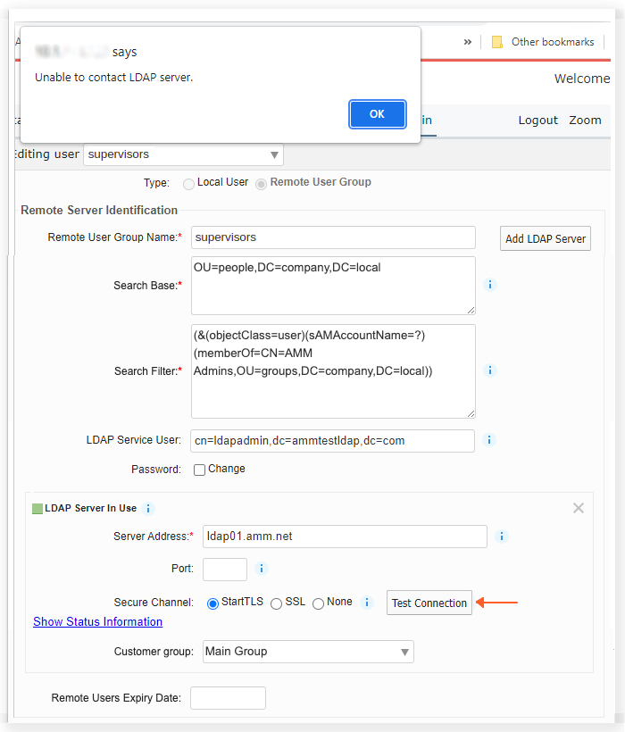 Failed connection to LDAP server