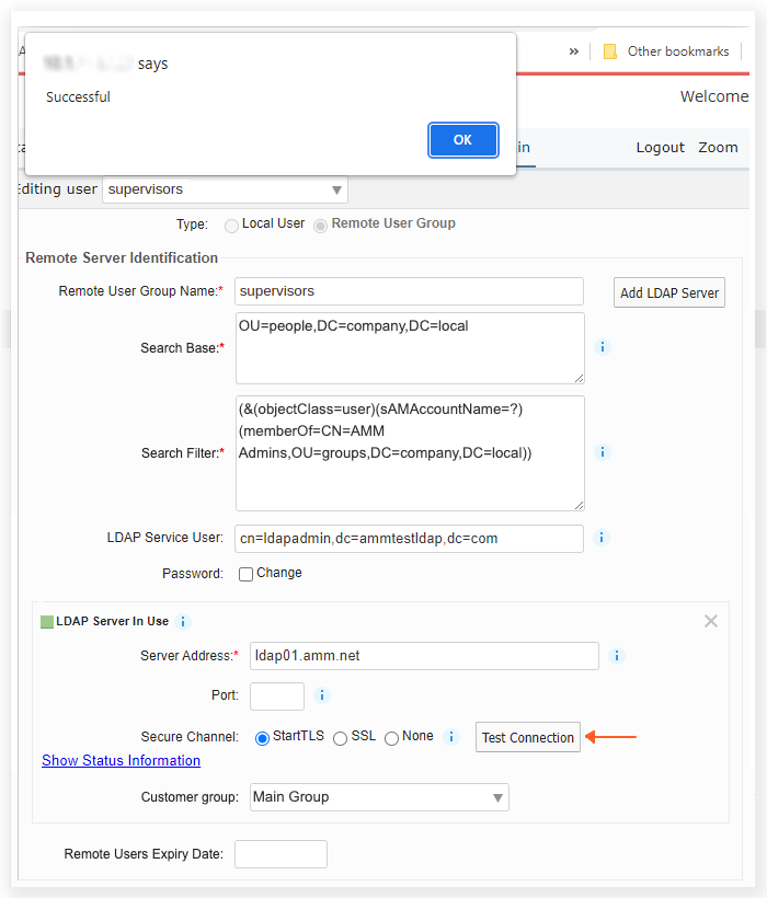 Successful connection to LDAP server