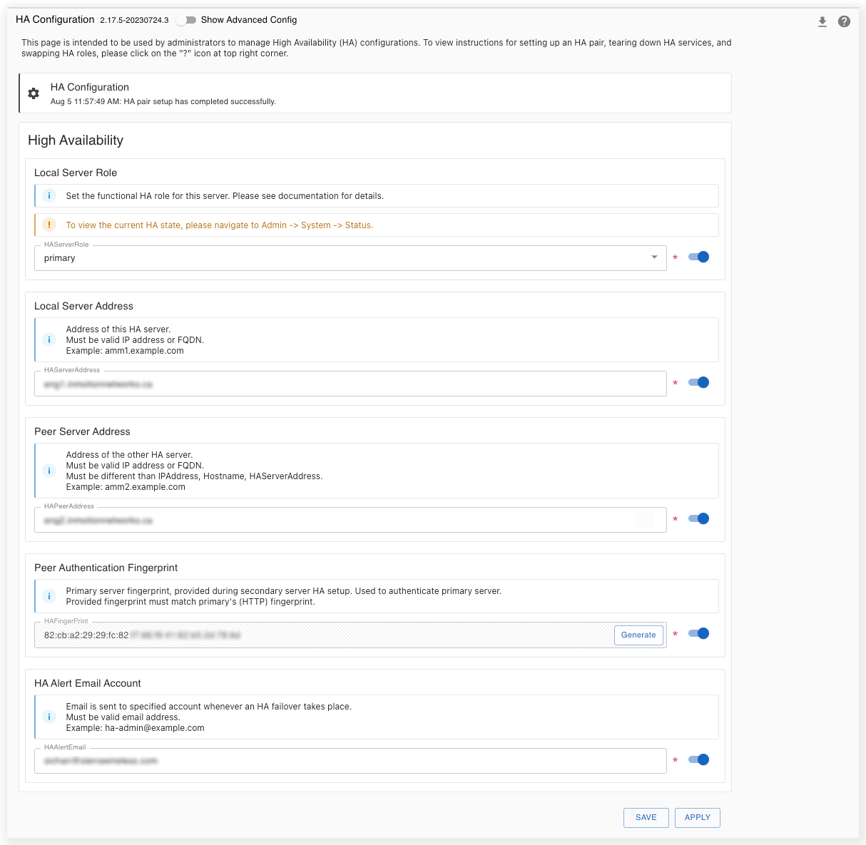 High Availability Panel for Primary Server