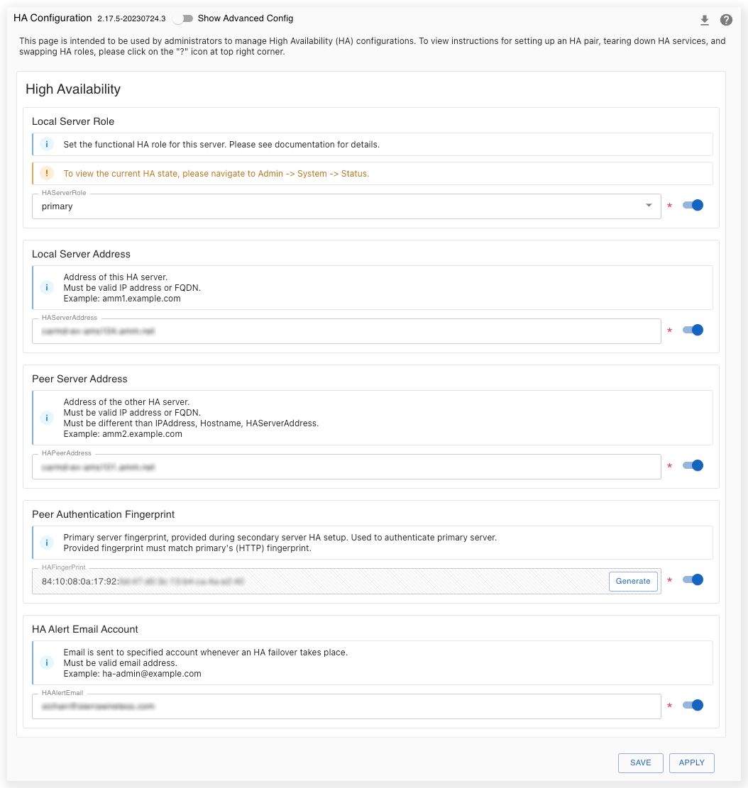 High Availability Panel for Primary Server