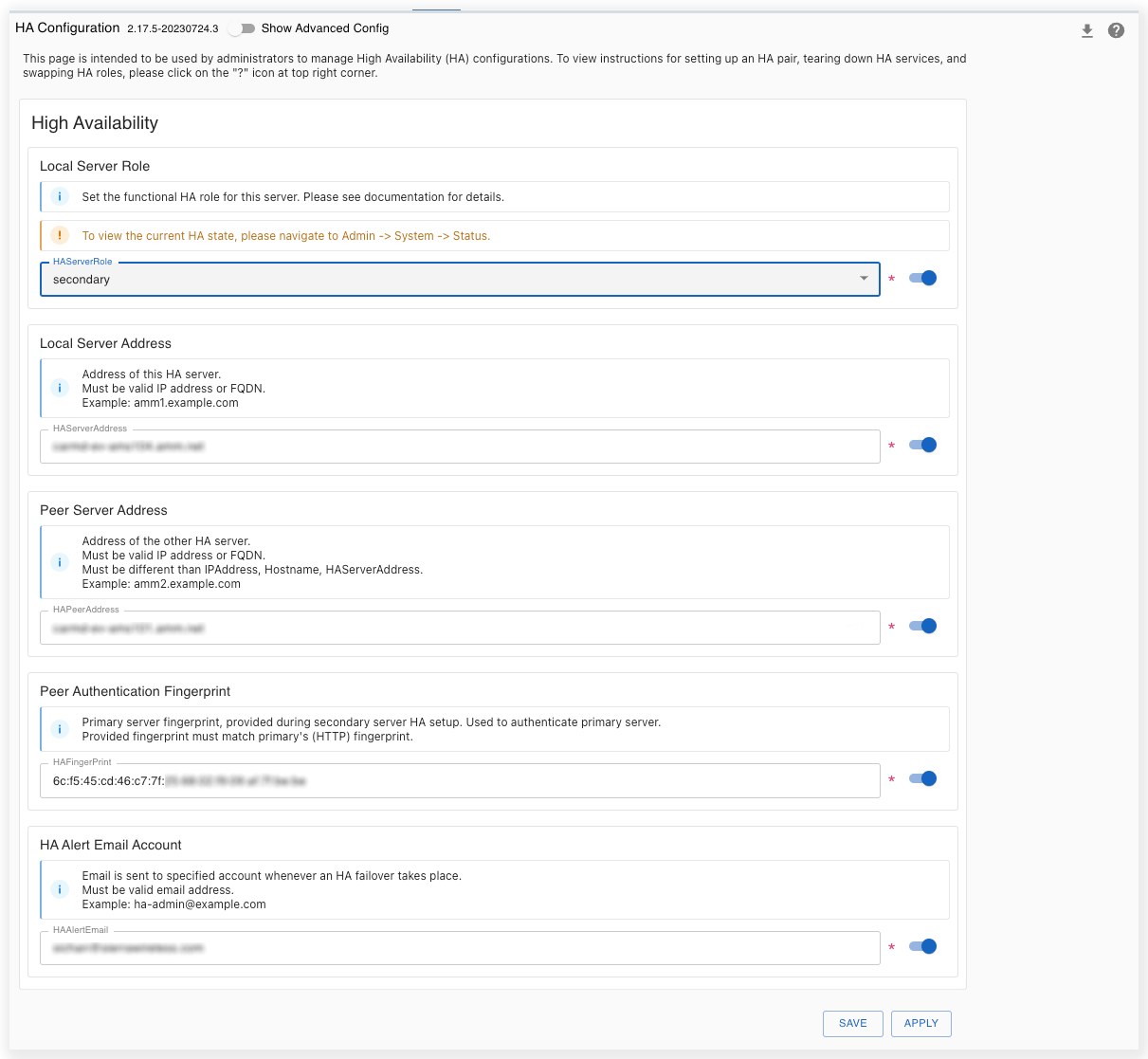 High Availability Panel for Secondary Server